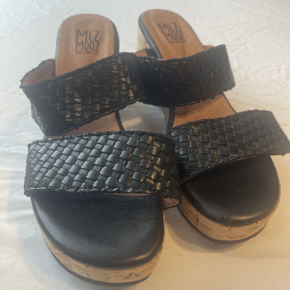 Miz Mooz Genna Platform Sandals 40 / 9.5 Black Double Strap Slip On Cork Soles